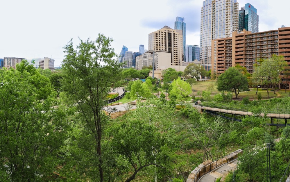 an aerial view of a park with trees