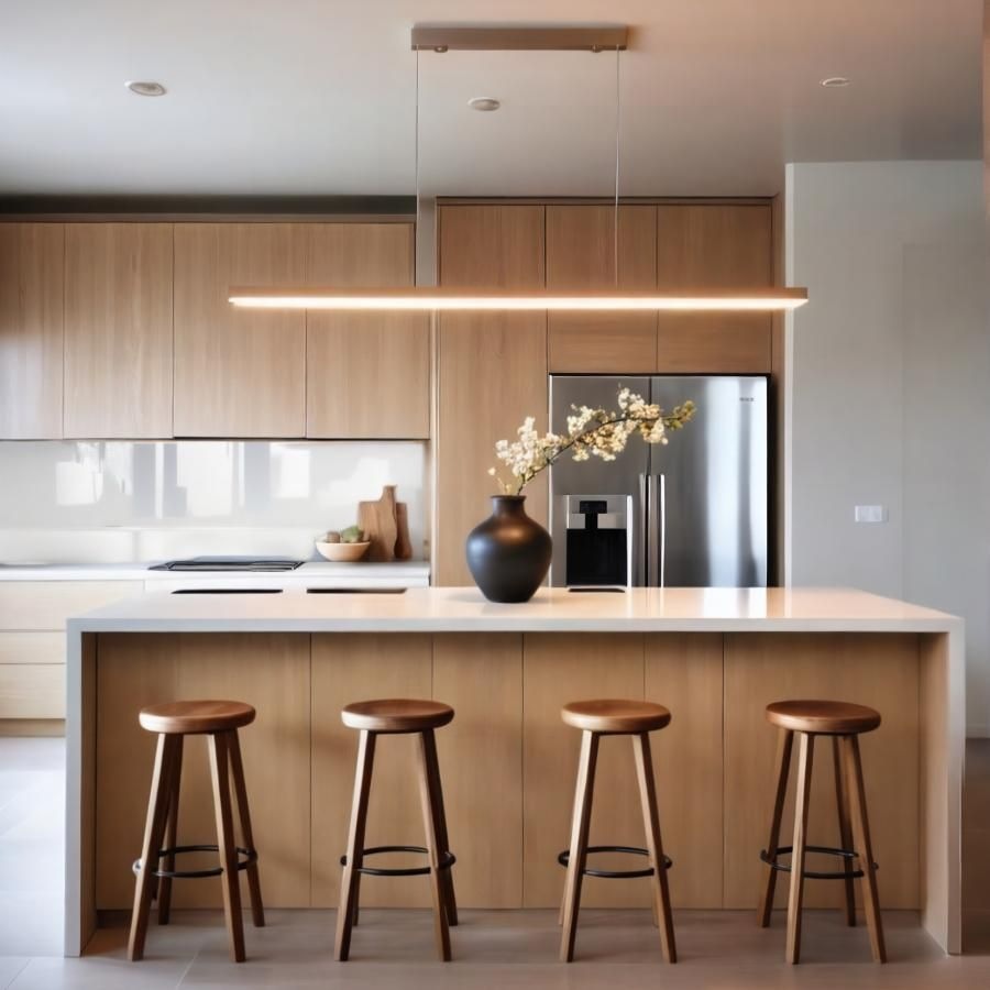 a kitchen with stools and a vase with flowers on it