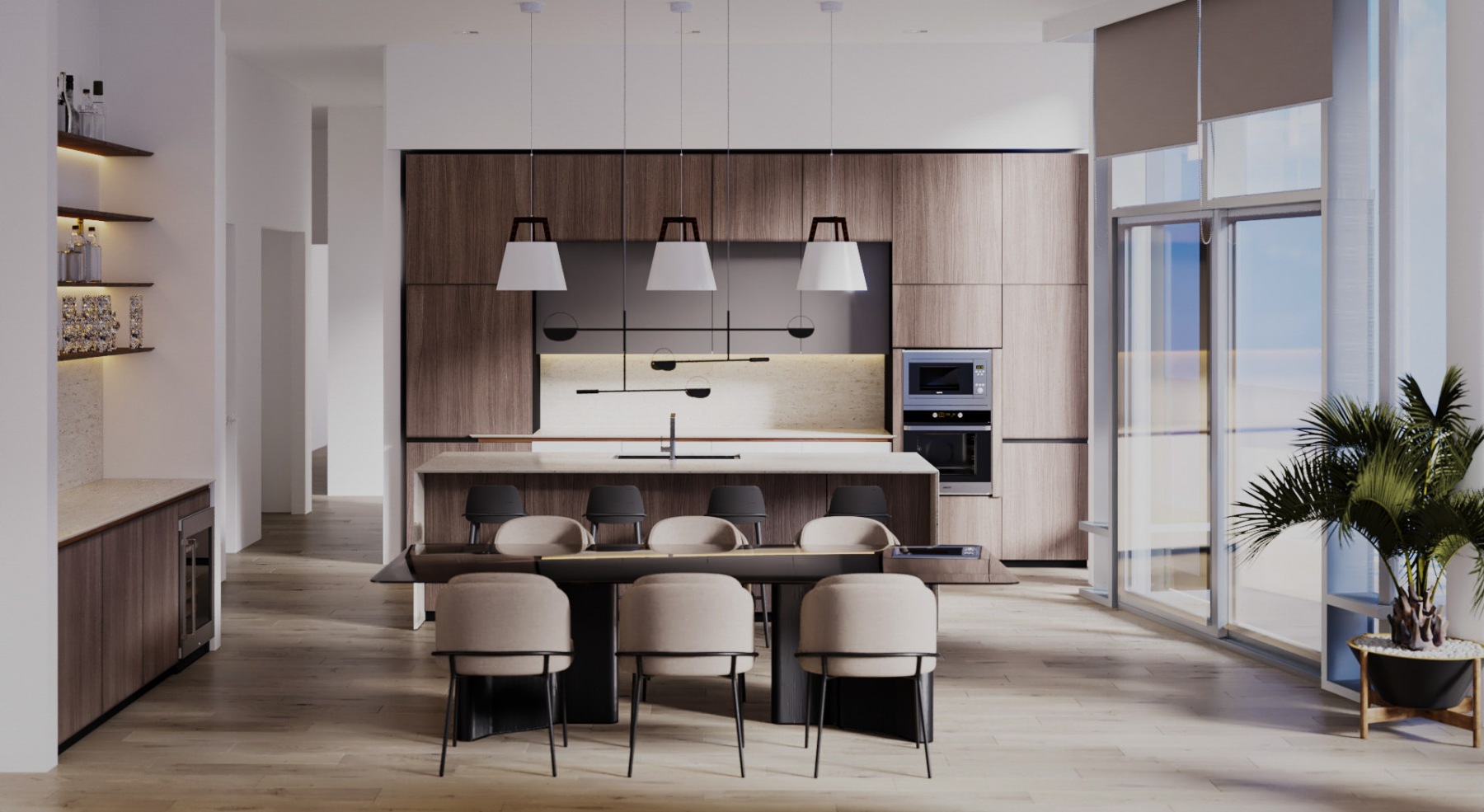 a kitchen with a plant and stools