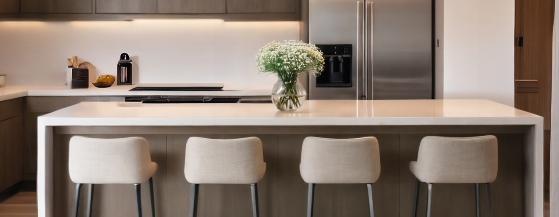 a kitchen with white counters