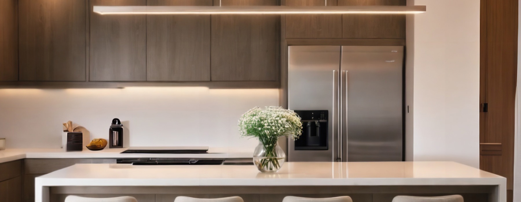 a kitchen with white counters