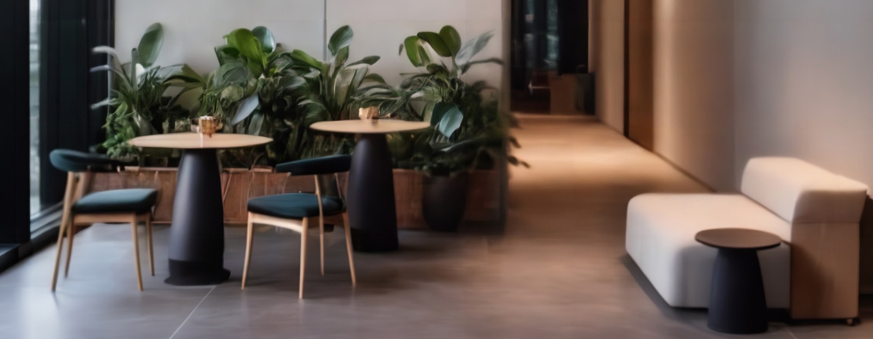 spacious seating area with warm lighting