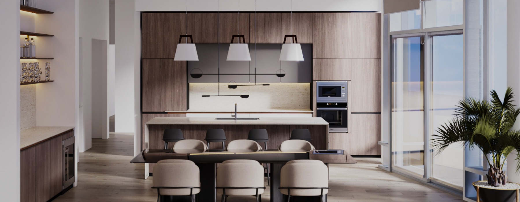 a kitchen with a plant and stools