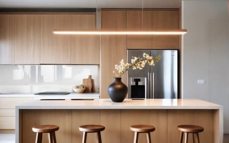a kitchen with a vase and stools
