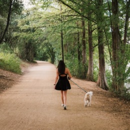 a woman and her dog walking in a forrest